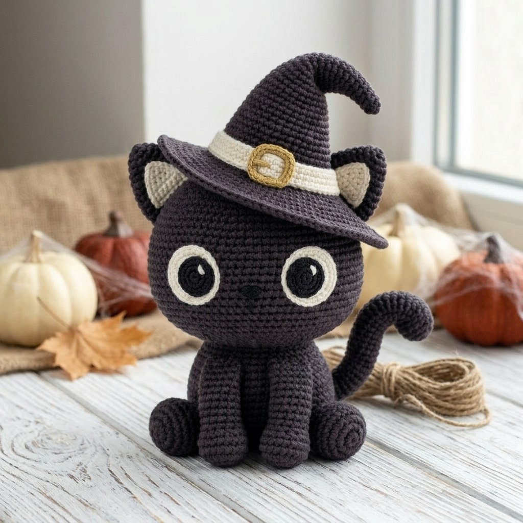 Cute Black Witch Cat Crochet Plush, Sitting Amigurumi Doll For Halloween Decor