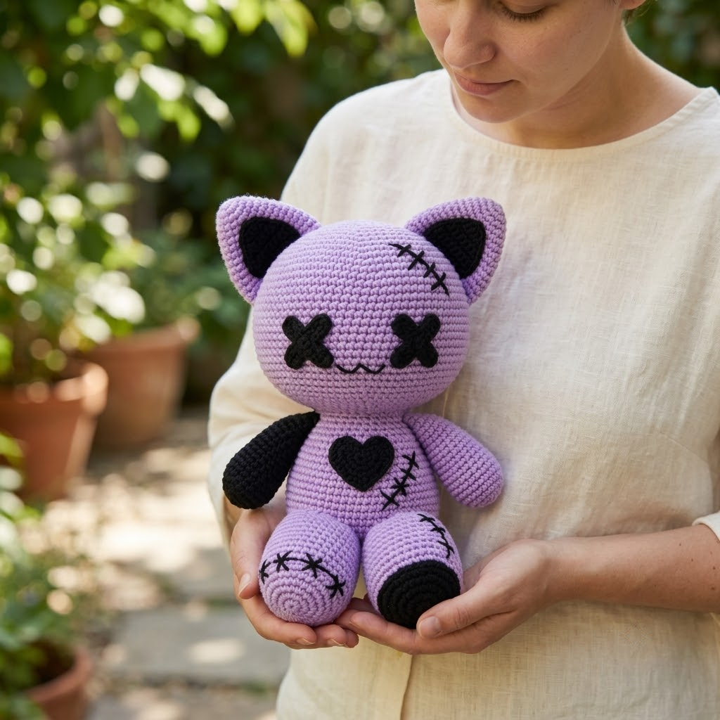 Purple Gothic Cat Crochet Plush Patchwork Amigurumi Spooky Cute Toy
