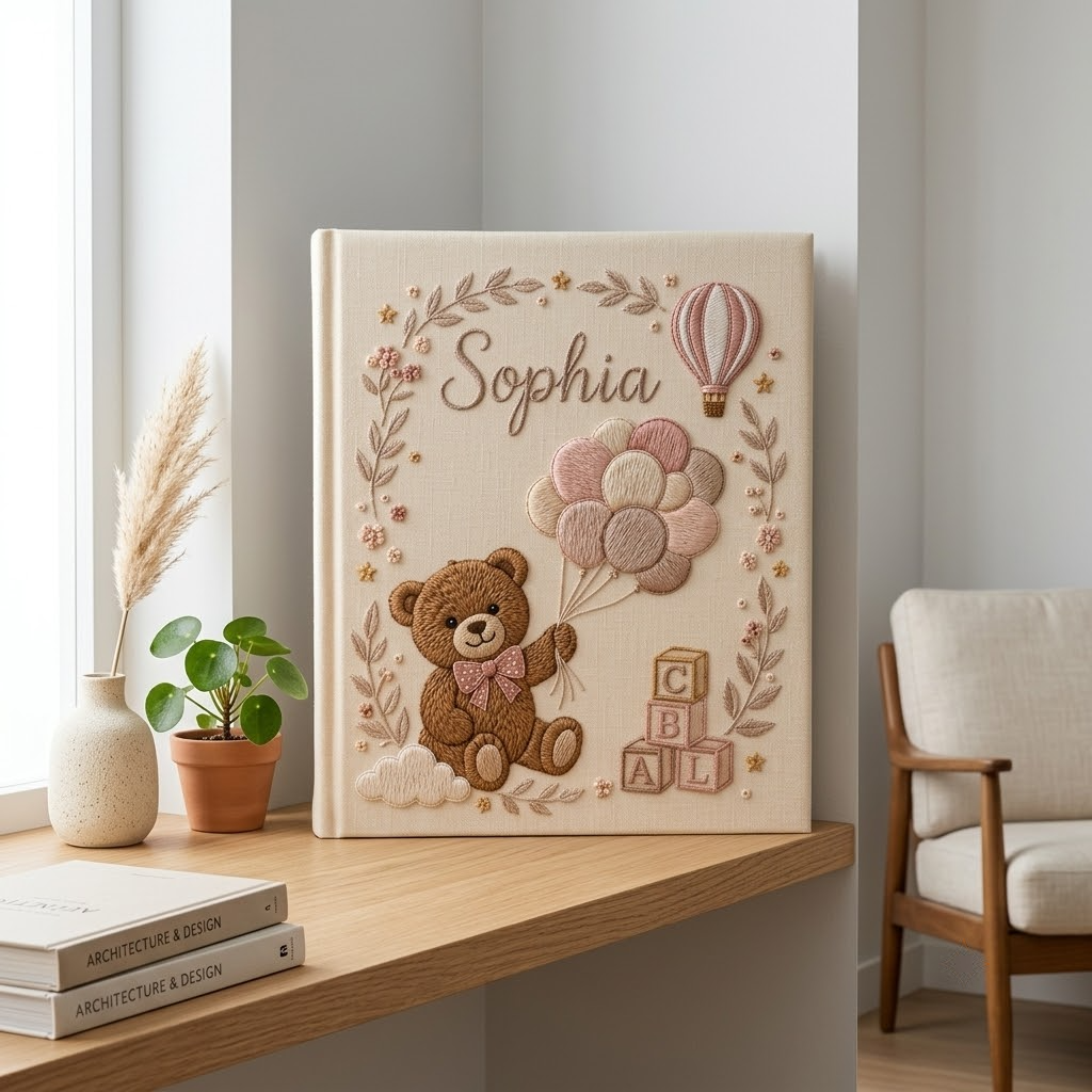 Personalized Baby Photo Album, Embroidered Teddy Bear & Balloon Memory Book