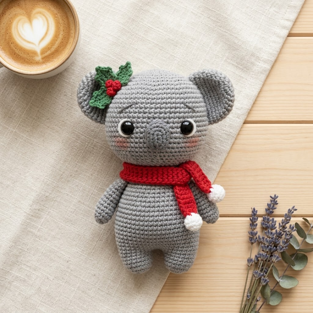 Festive Christmas Koala Crochet Amigurumi, Soft Doll With Red Scarf, Gift