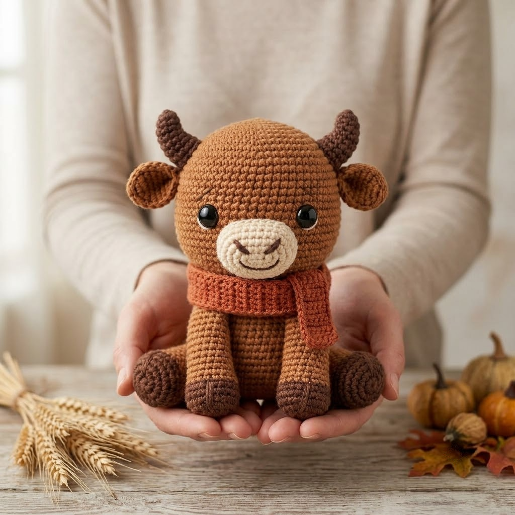 Cute Harvest Bison Crochet Doll, Thanksgiving Animal Plush With Rust Scarf & Wheat Patch