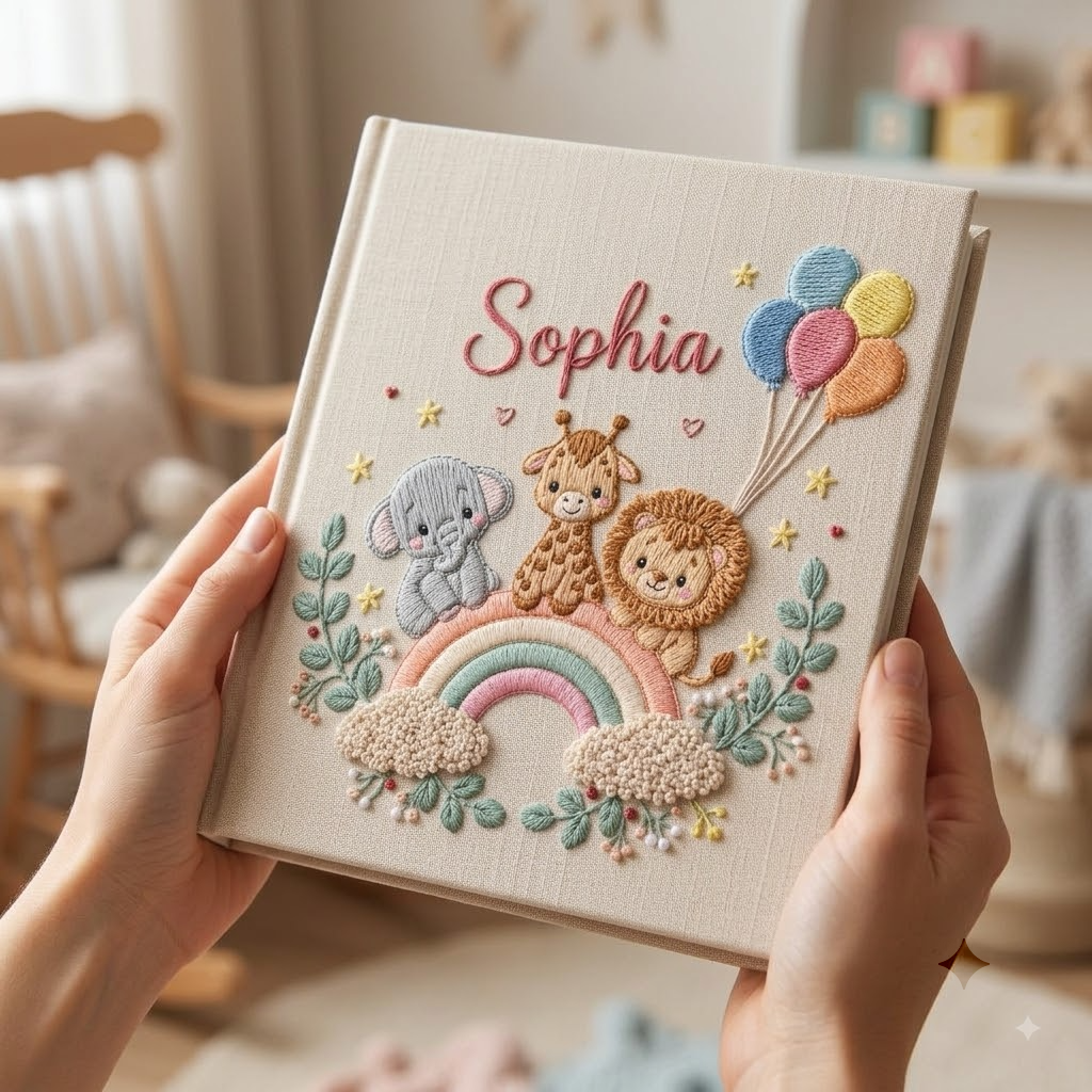 Personalized Baby Photo Album, Hand Embroidered Safari Animals, Linen Keepsake Book