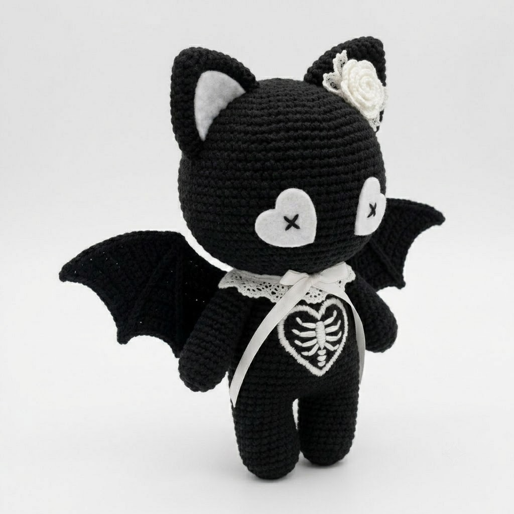 Gothic Bat Cat Crochet Plush, Spooky Cute Amigurumi Doll