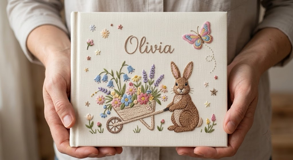 Custom Hand Embroidered Baby Birthday Guest Book, Linen Keepsake Album, Newborn Shower Gift