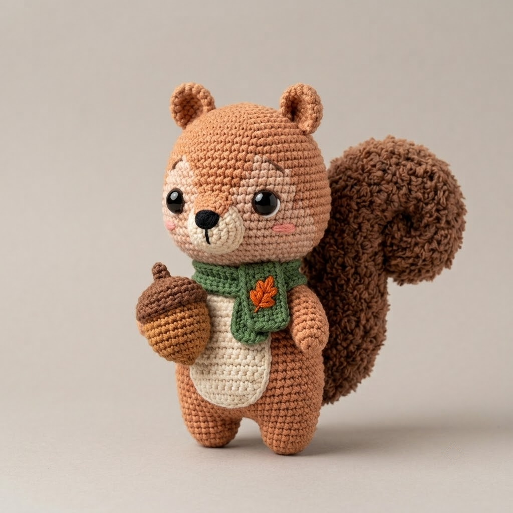 Acorn Squirrel Crochet Amigurumi Doll Fluffy Tail Fall Plush Gift