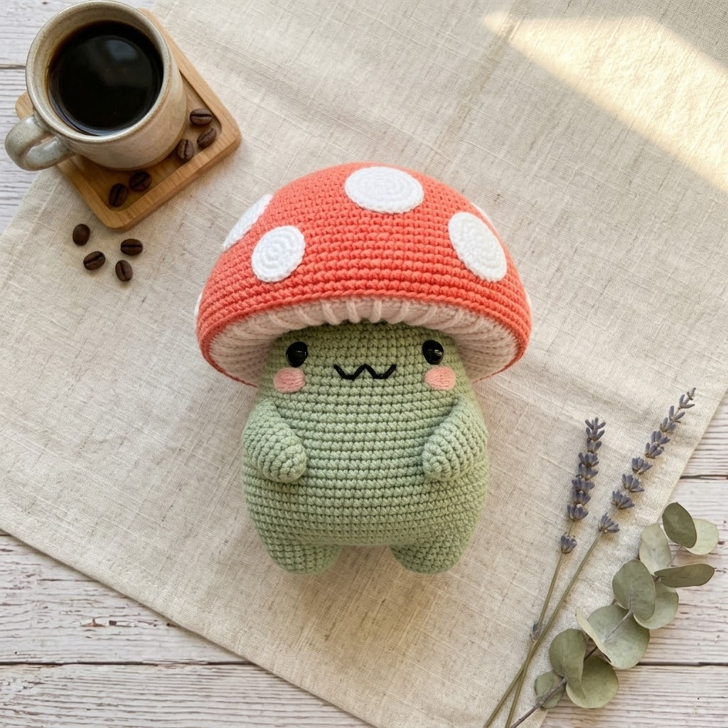 Frog Crochet Doll, Green Frog Amigurumi With Red Spotted Cap