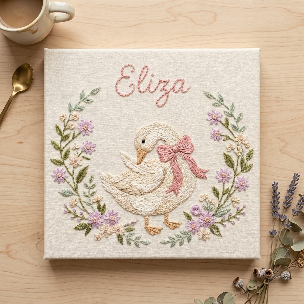 Personalized Baby Photo Album, Hand Embroidered Goose Design, Custom Keepsake Book