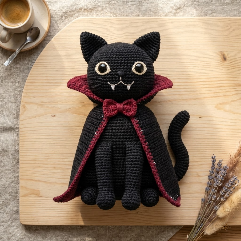 Cute Black Vampire Cat Crochet Plush, Halloween Amigurumi Doll Gift