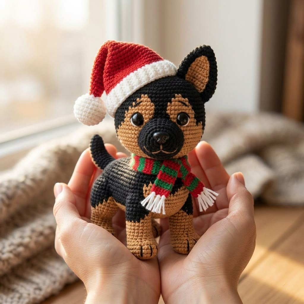 Handmade Christmas German Shepherd Crochet Plush, Holiday Dog Gift For Pet Lovers