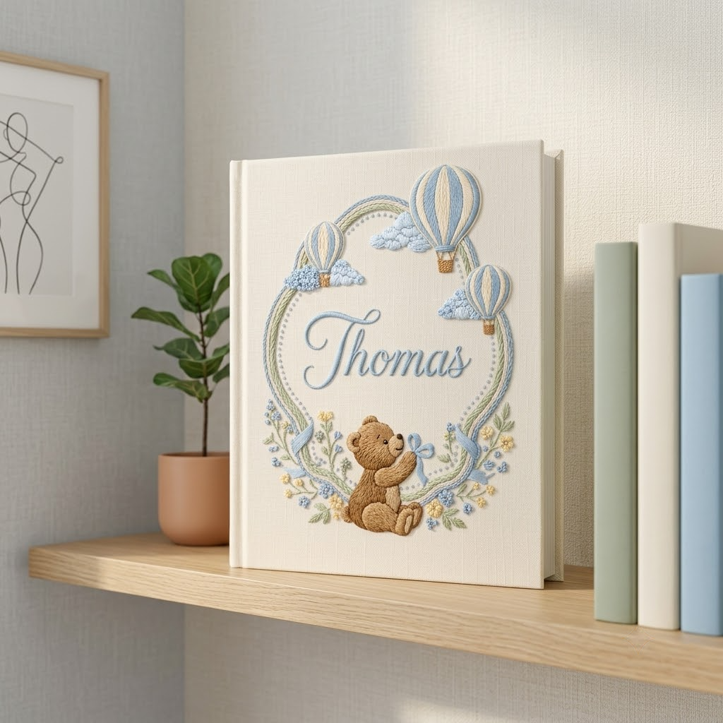 Personalized Baby Photo Album, Embroidered Teddy Hot Air Balloon Keepsake