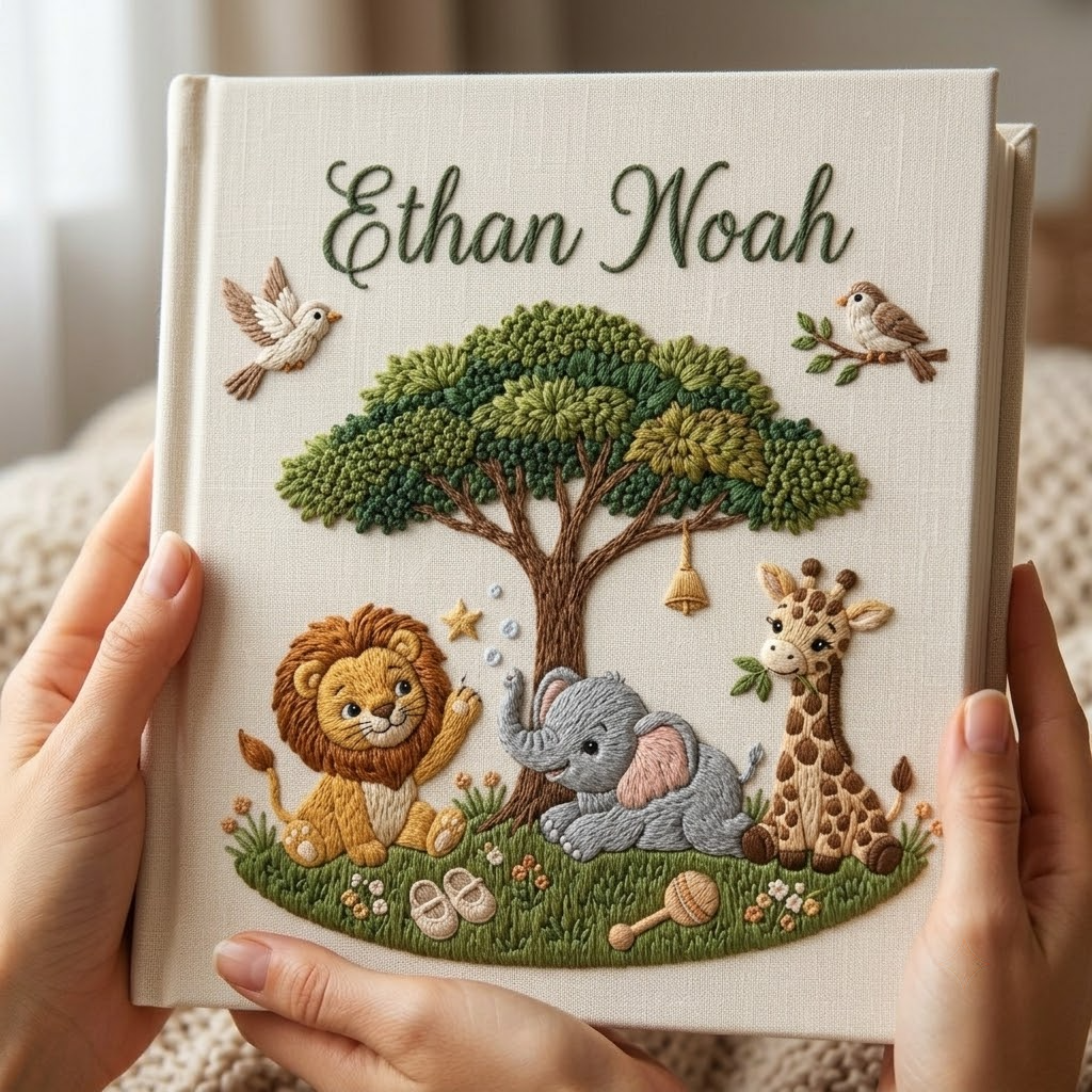 Personalized Baby Photo Album, Hand Embroidered Safari Baby Memory Book