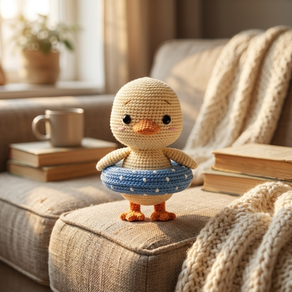 Cute Duckling Crochet Doll, Duck Amigurumi Plush With Blue Polka Dot Swim Ring
