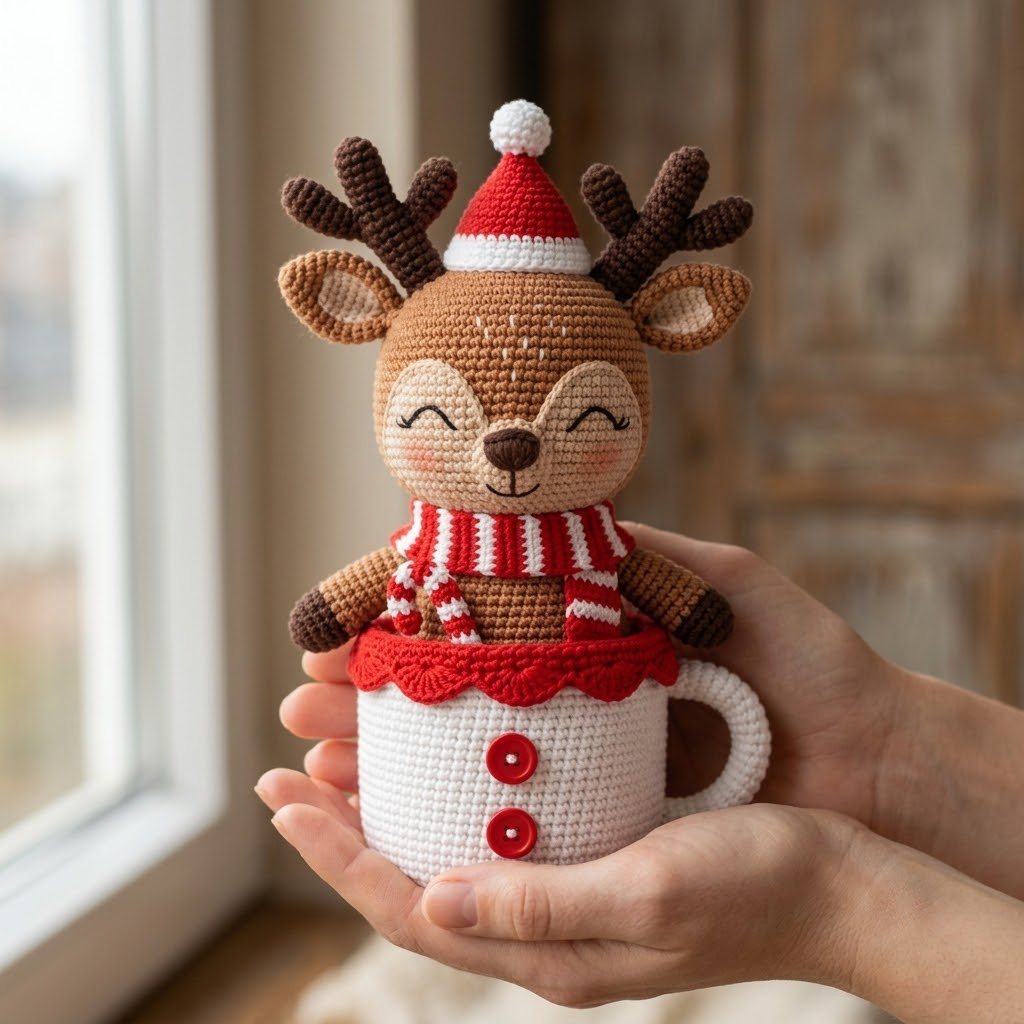 Christmas Reindeer Crochet Doll In Mug, Santa Hat & Candy Cane Scarf