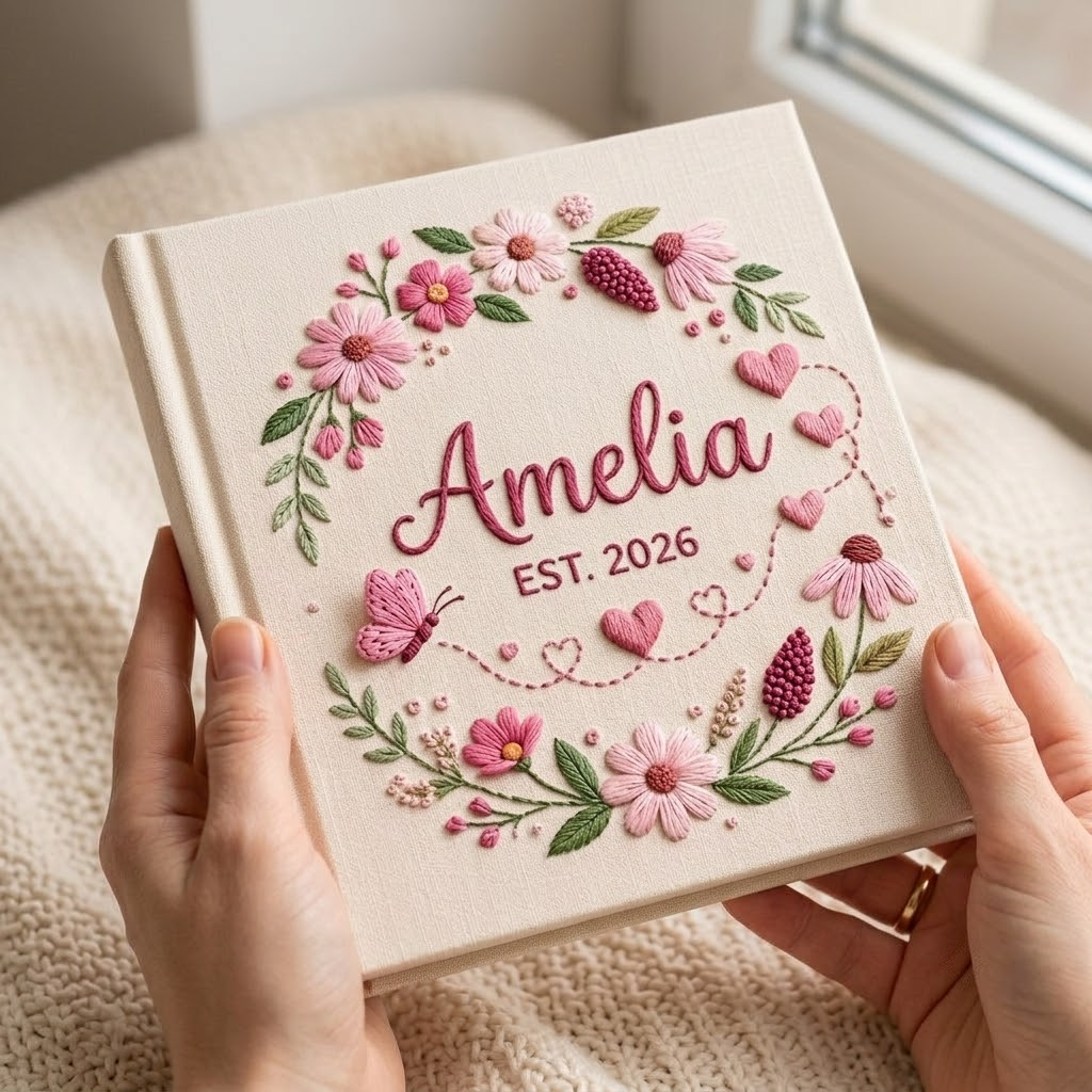 Personalized Baby Photo Album, Custom Embroidered Memory Book With Sleeves