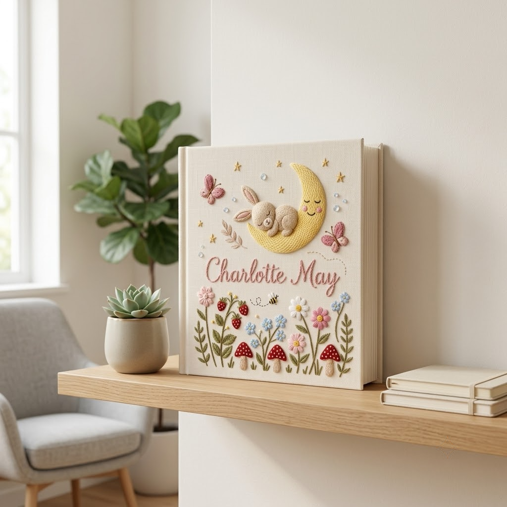Personalized Baby Photo Album, Embroidered Floral Bunny Memory Book