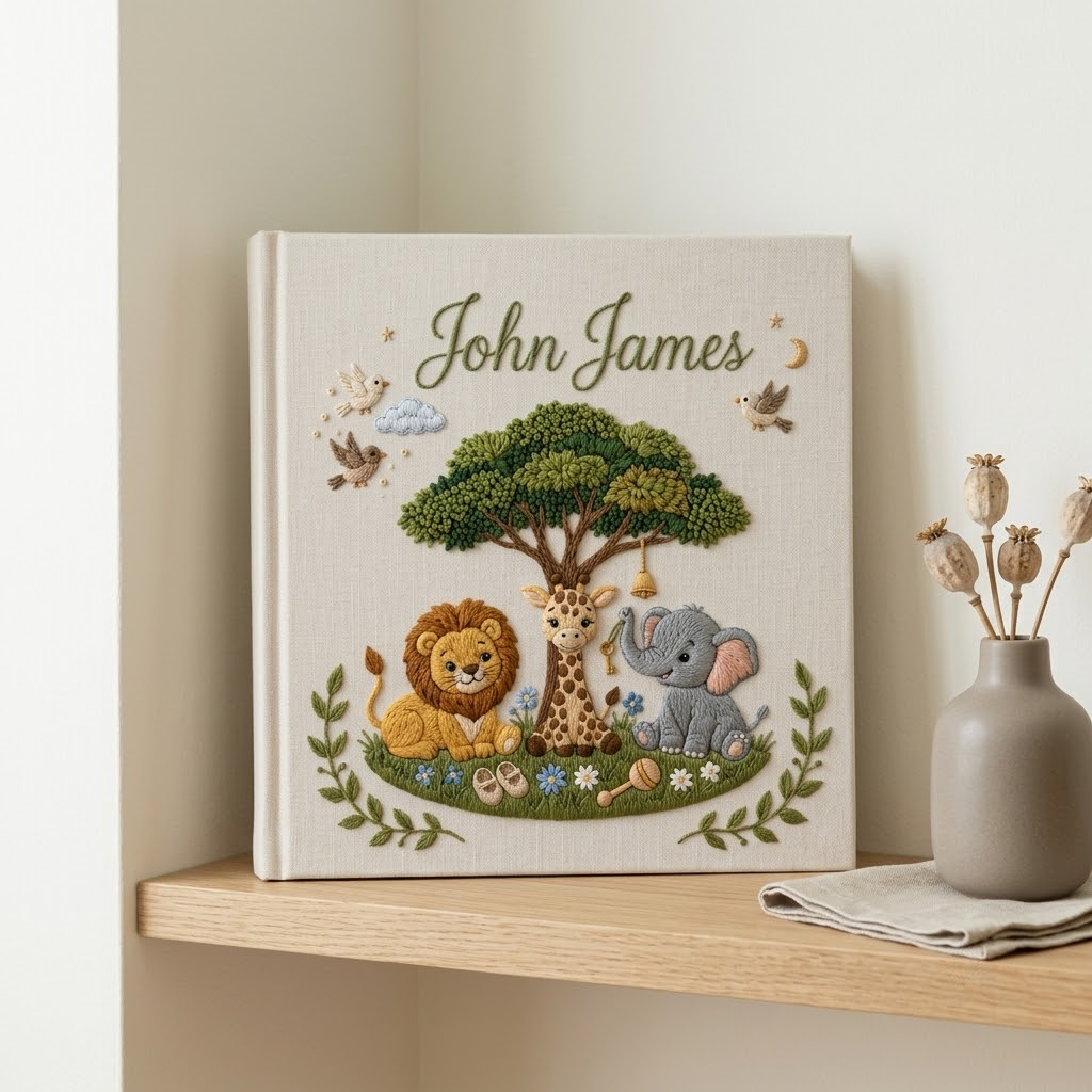 Personalized Baby Photo Album, Hand Embroidered Safari Memory Book, Lion Giraffe Elephant Keepsake