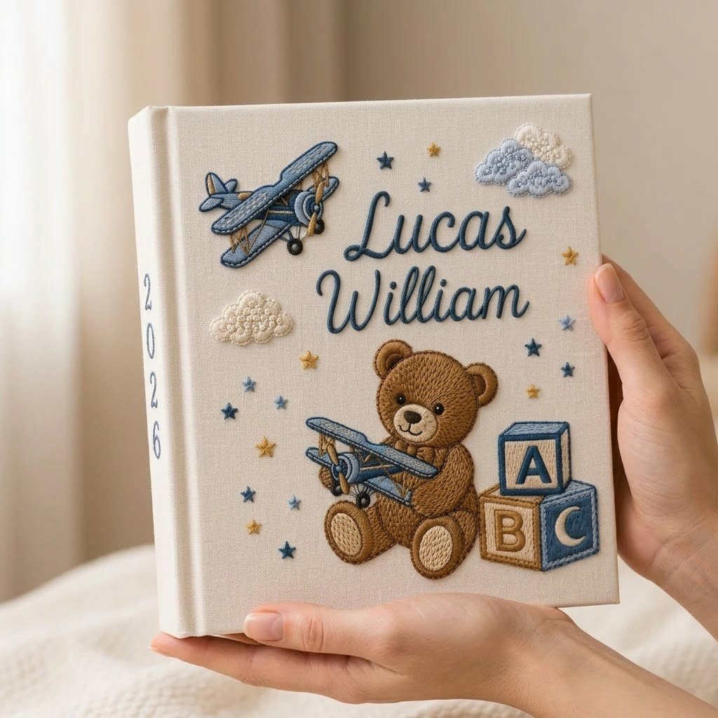 Personalized Baby Photo Album, Embroidered Airplane Baby Memory Book, Baby Boy Keepsake