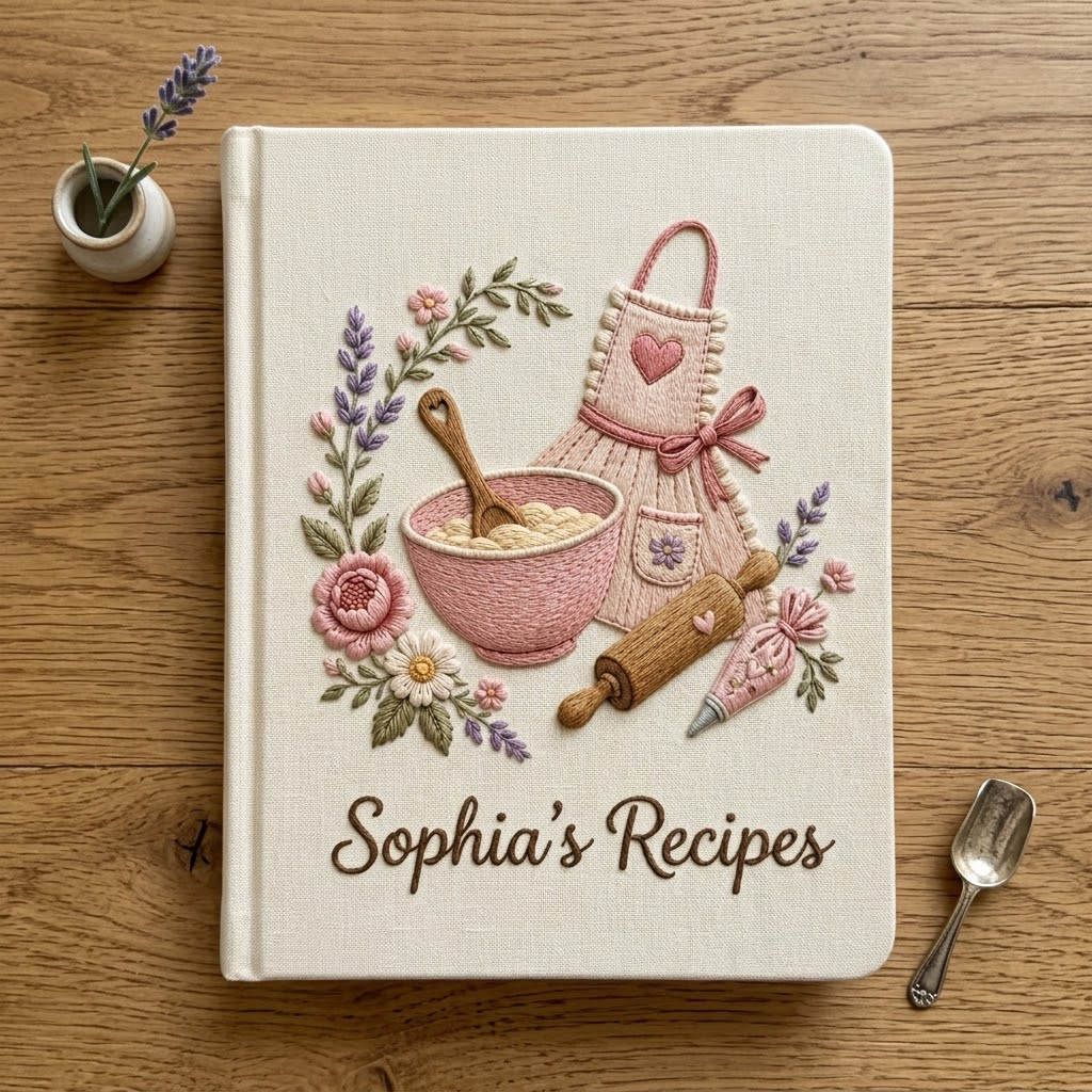 Embroidered Journal, Personalized Coquette Baking Recipe Book, Floral Kitchen Cookbook
