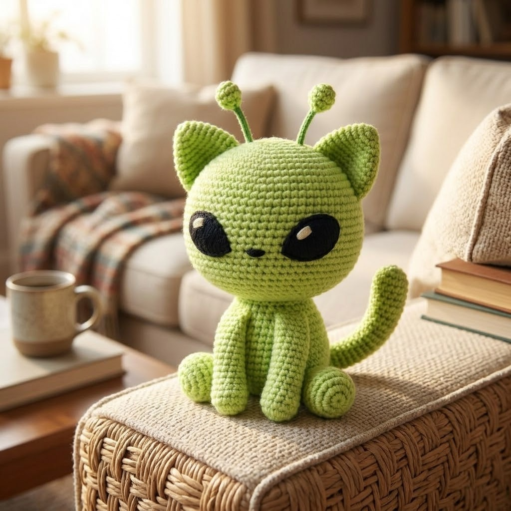 Cute Alien Cat Crochet Doll, Green Amigurumi Plush With Big Eyes & Antennae