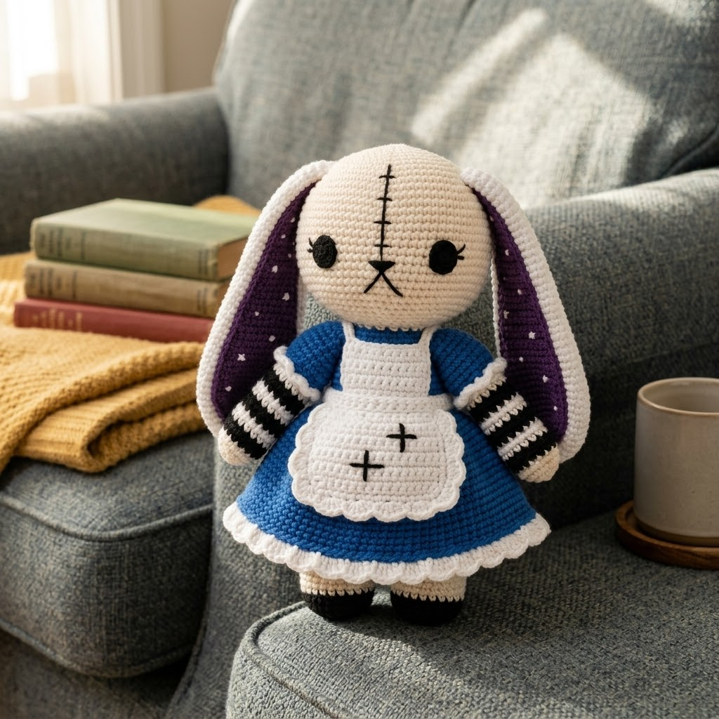 Gothic Bunny Crochet Doll, Blue Maid Rabbit Amigurumi Plush Toy