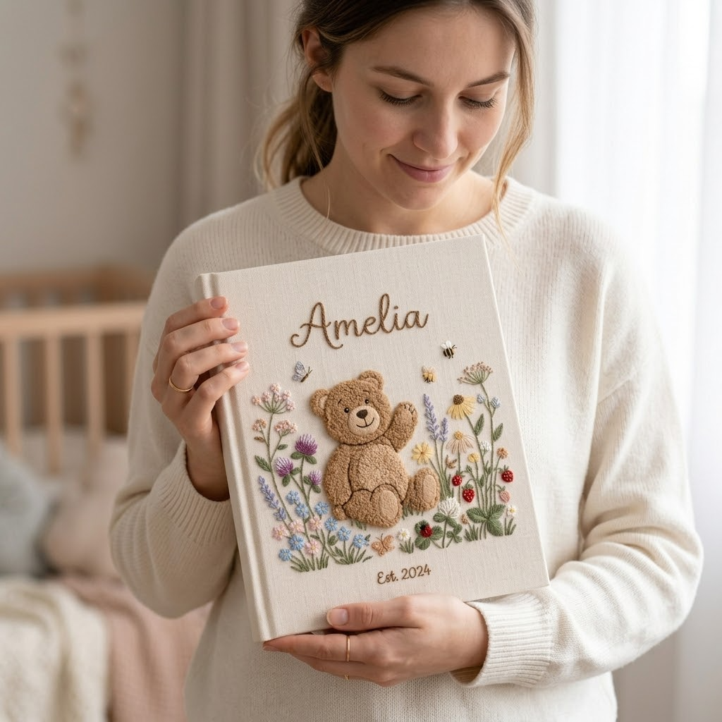 Custom Photo Album Hand Embroidered Teddy Bear Linen Baby Memory Book