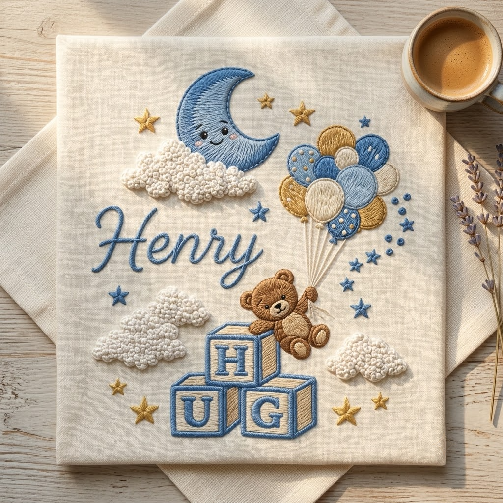 Personalized Baby Photo Album, Embroidered Teddy Bear Hot Air Balloon Memory Book