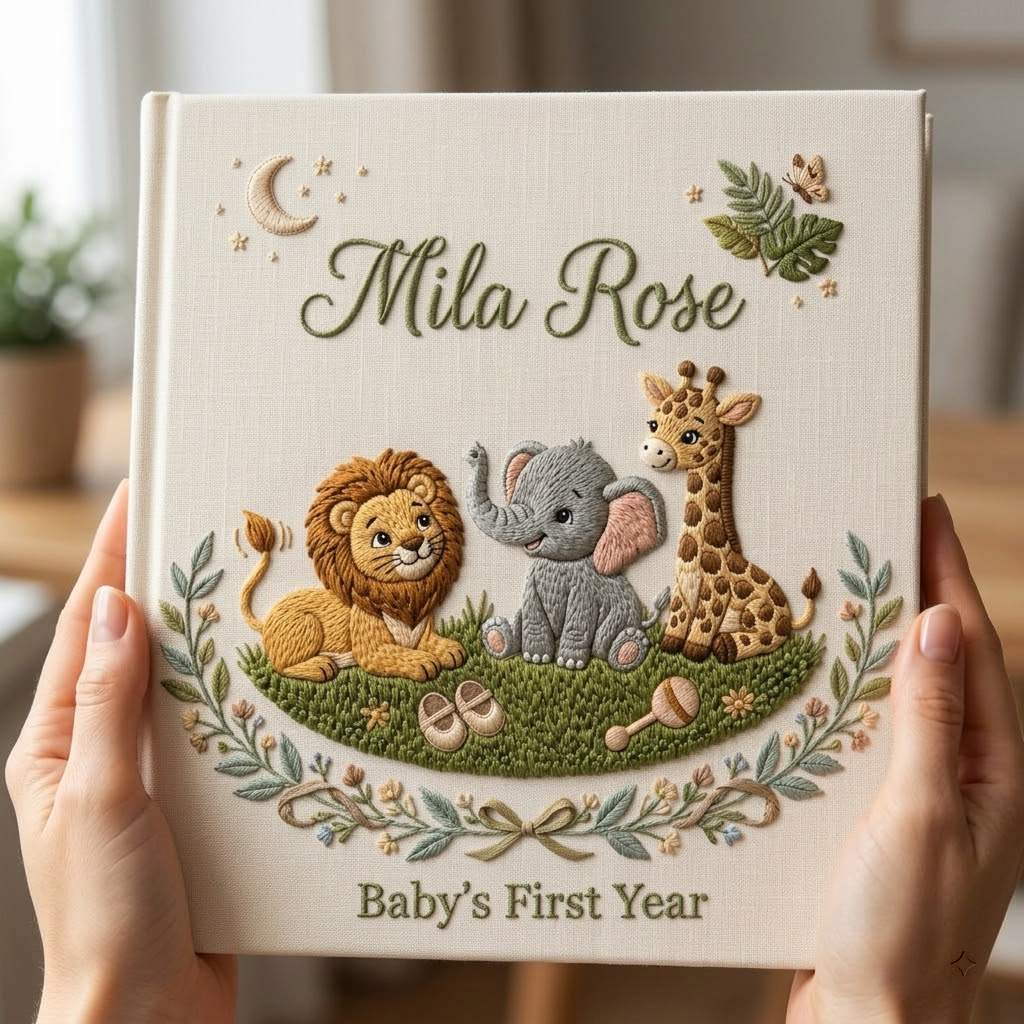 Personalized Baby Photo Album, Embroidered Safari Animals Memory Book