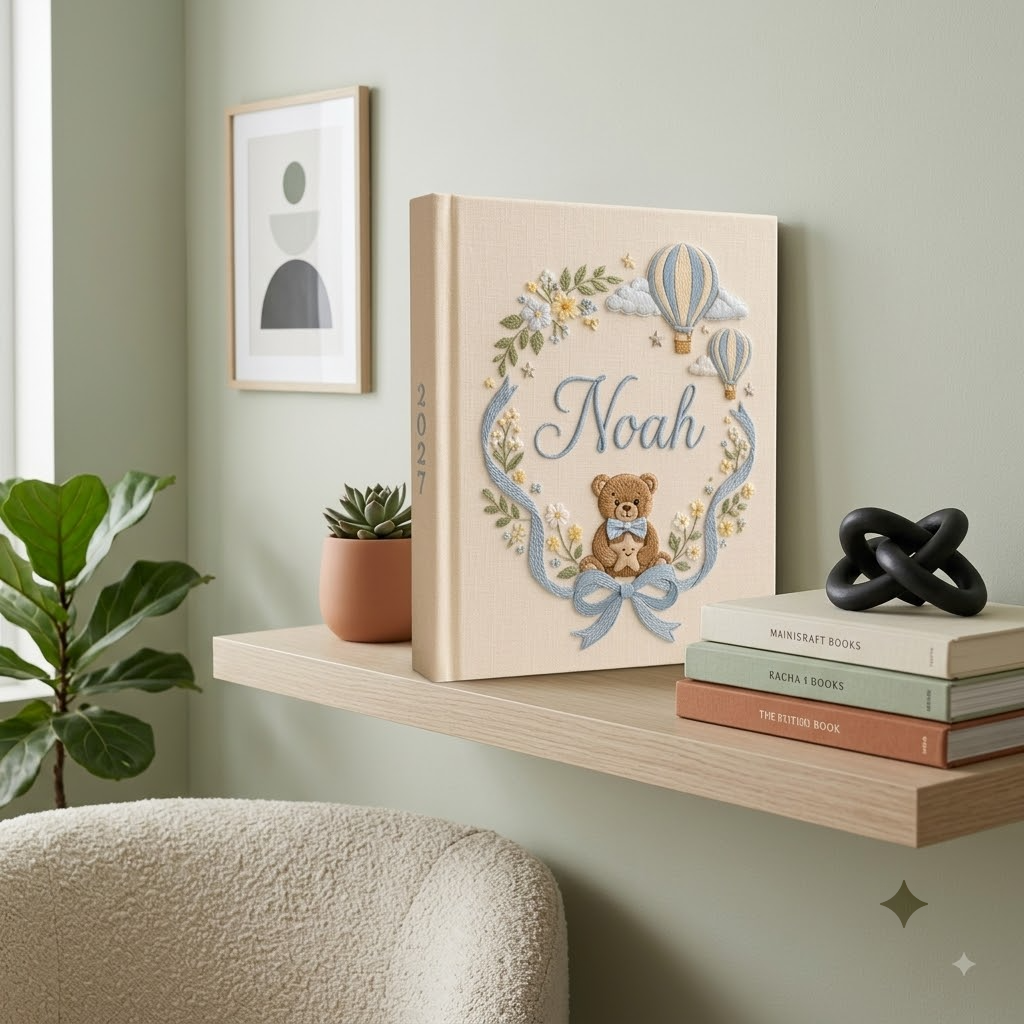 Personalized Baby Photo Album, Embroidered Photo Album For Baby Boy, Teddy Bear Hot Air Balloon Memory Book, Baby Shower Gift
