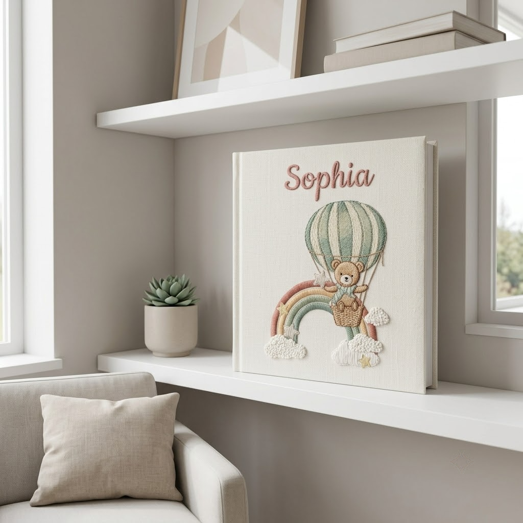 Personalized Baby Photo Album, Hand Embroidered Teddy Bear Balloon Memory Book