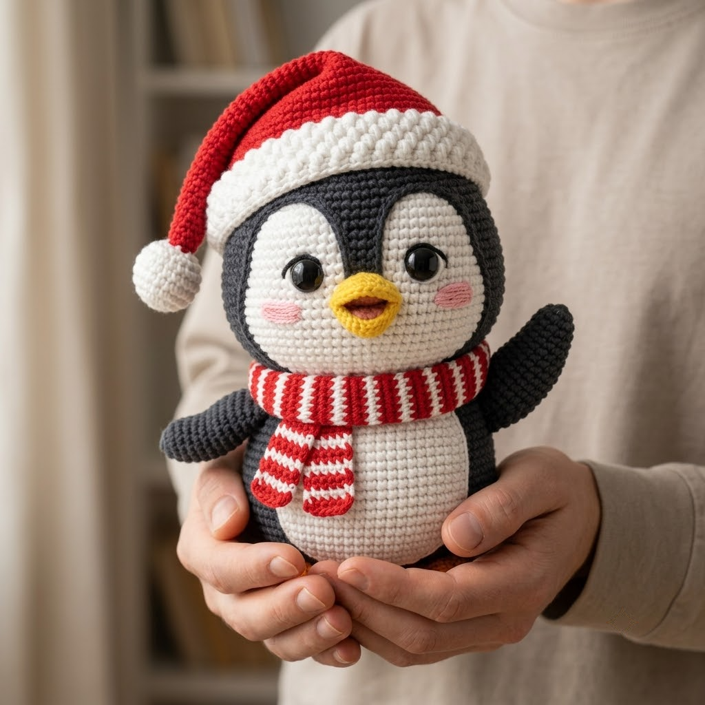Christmas Penguin Crochet Doll With Santa Hat, Red Scarf, Holiday Decor
