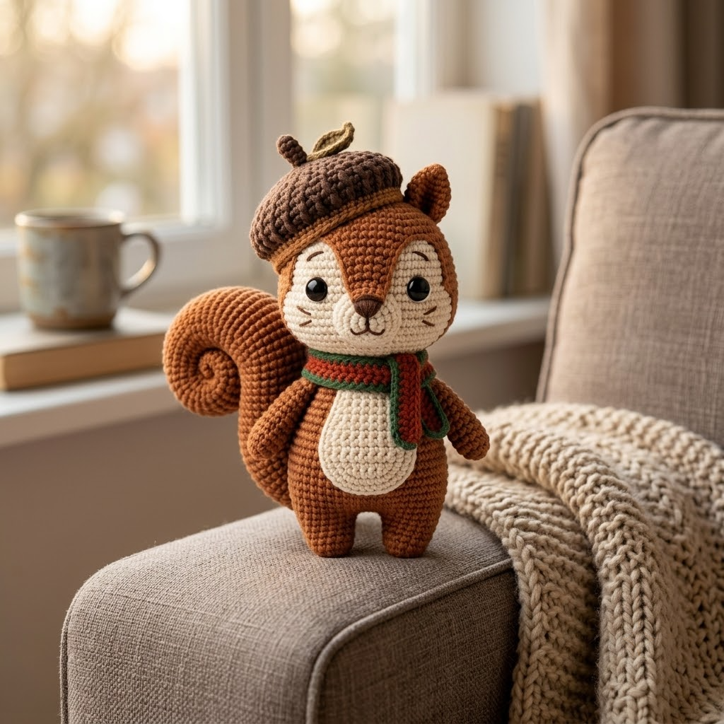 Cute Squirrel Crochet Doll, Amigurumi Woodland Toy, Acorn Beret, Fall Nursery Gift