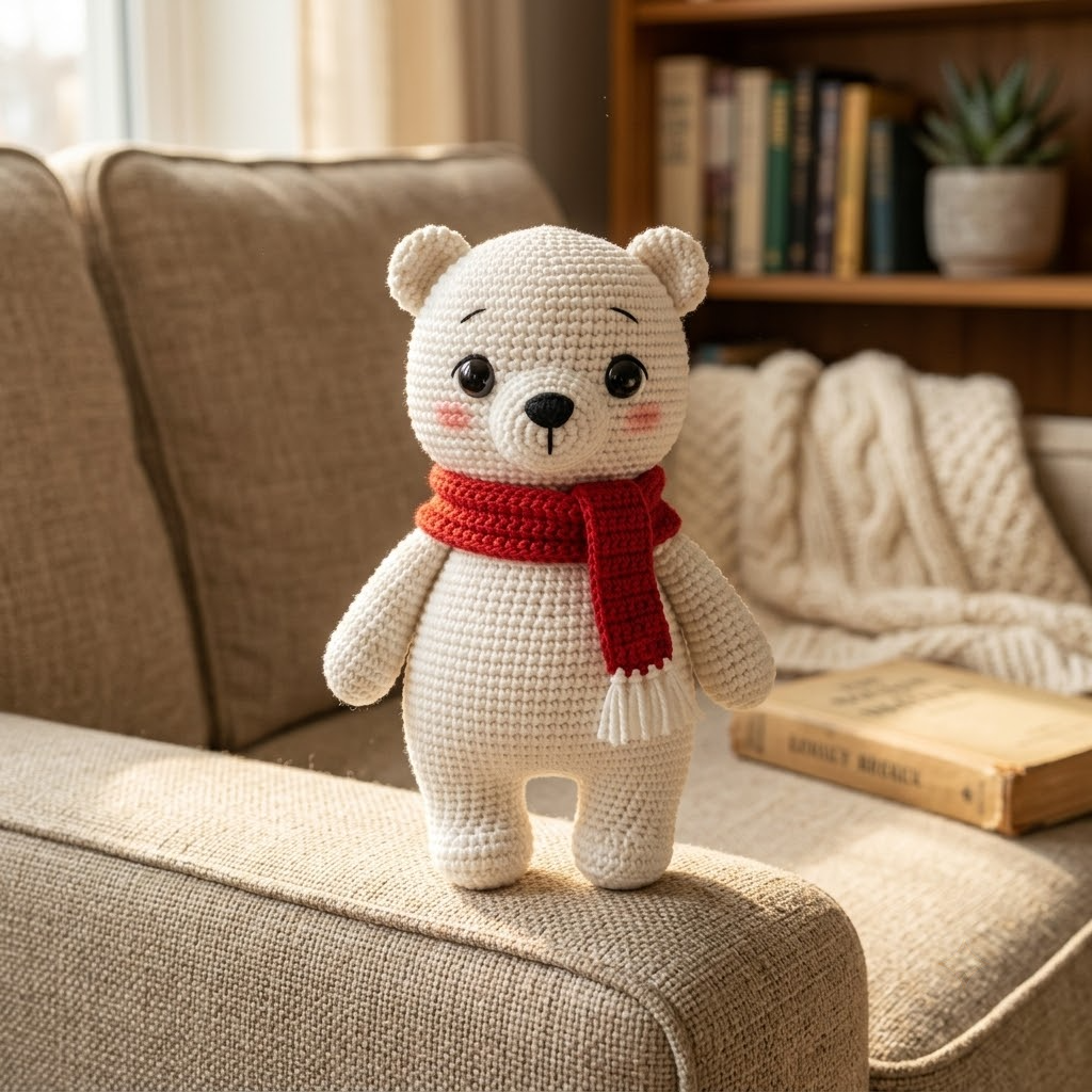 Cute Polar Bear Crochet Doll, Christmas Amigurumi With Red Scarf Gift