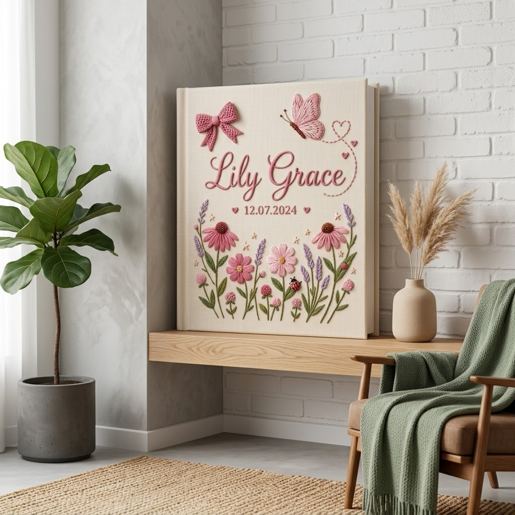 Personalized Baby Photo Album With Sleeves, Custom Linen Baby Memory Book, Floral Butterfly Nursery Keepsake