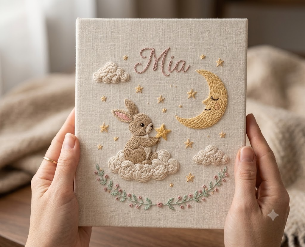 Personalized Baby Photo Album Hand Embroidered With Sleeves For Baby Shower Gift