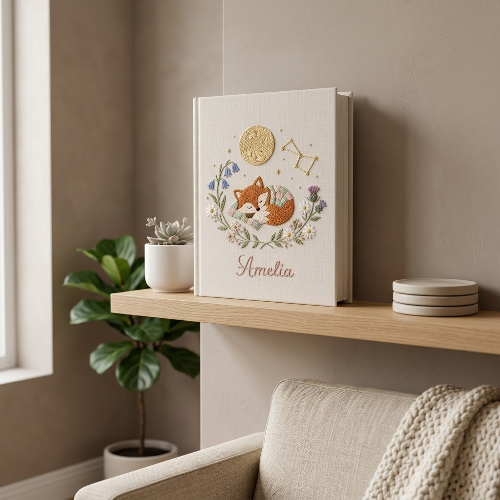 Personalized Baby Photo Album, Embroidered Fox Design, Custom Keepsake Book