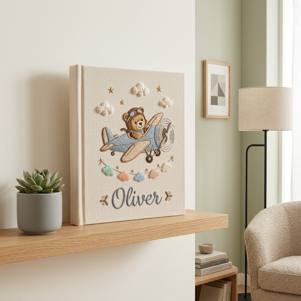 Personalized Baby Photo Album, Embroidered Linen Memory Book With Sleeves, Custom Name Keepsake