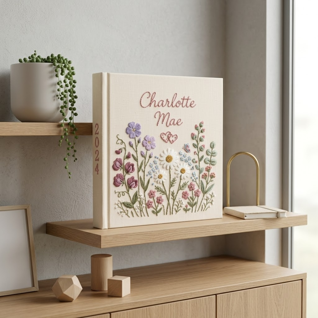 Personalized Baby Photo Album, Hand Embroidered Wildflower Memory Book For Baby Girl