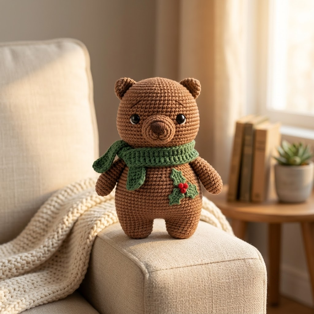 Christmas Wombat Crochet Doll, Amigurumi Plush With Green Scarf, Holly Patch, Holiday Gift