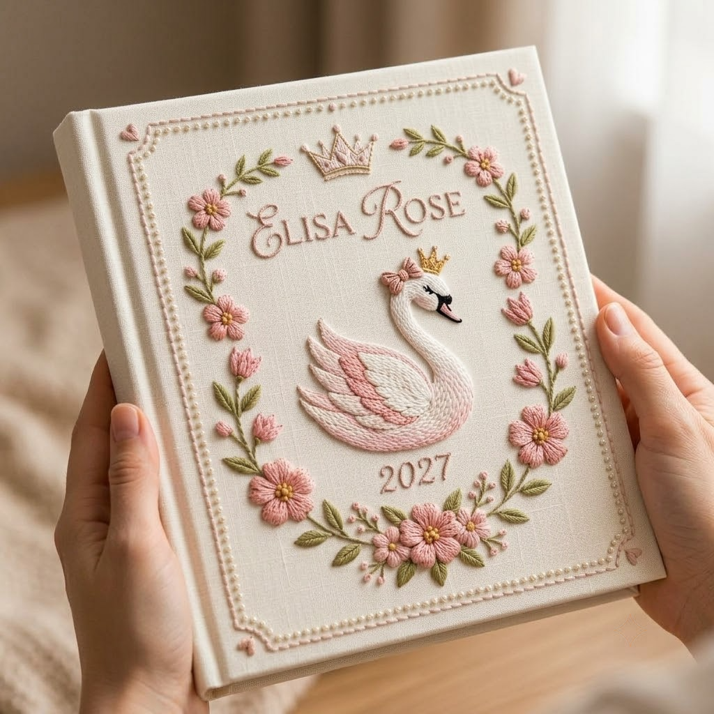 Personalized Baby Photo Album, Embroidered Floral Swan, Custom Name Memory Book, Newborn Keepsake, Baby Girl Gift