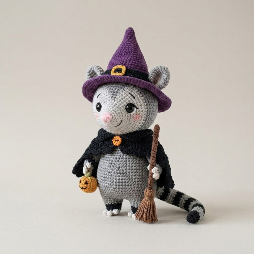 Cute Witch Opossum Crochet Doll, Halloween Possum Amigurumi Plush Gift