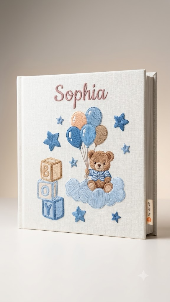 Personalized Baby Photo Album, Embroidered Keepsake Book With Sleeves