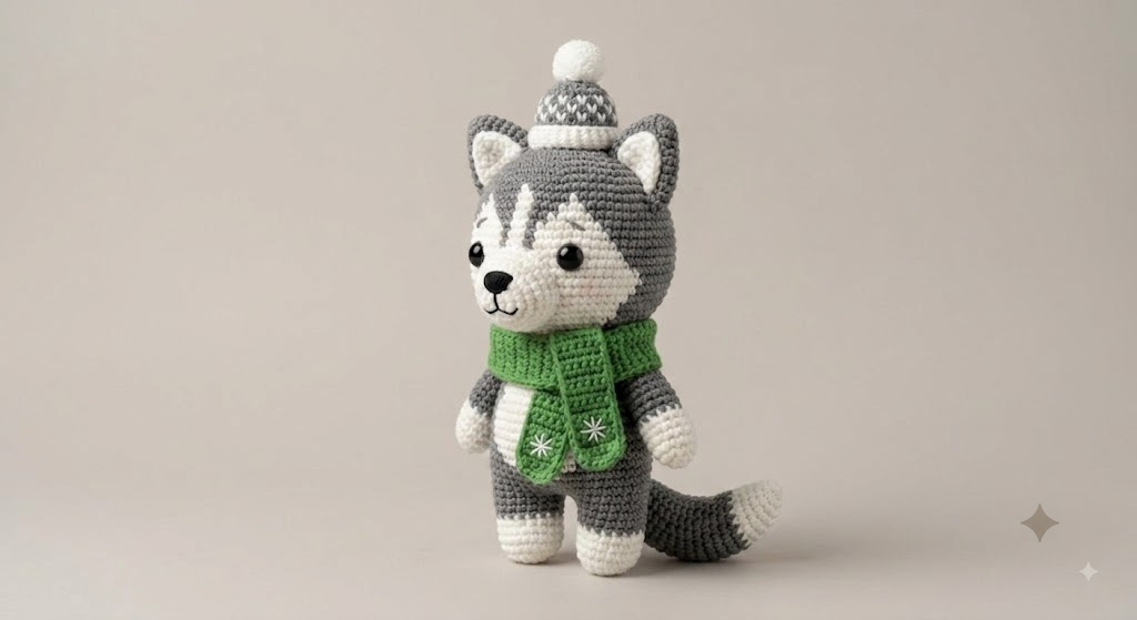 Husky Crochet Doll, Amigurumi Puppy Plush With Green Scarf