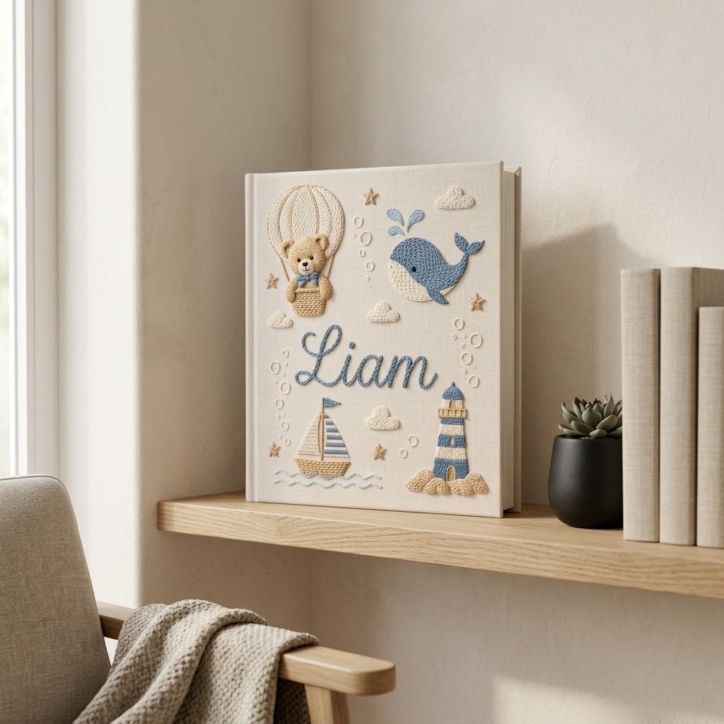 Personalized Baby Photo Album, Embroidered Sailor Teddy Bear Linen Memory Book