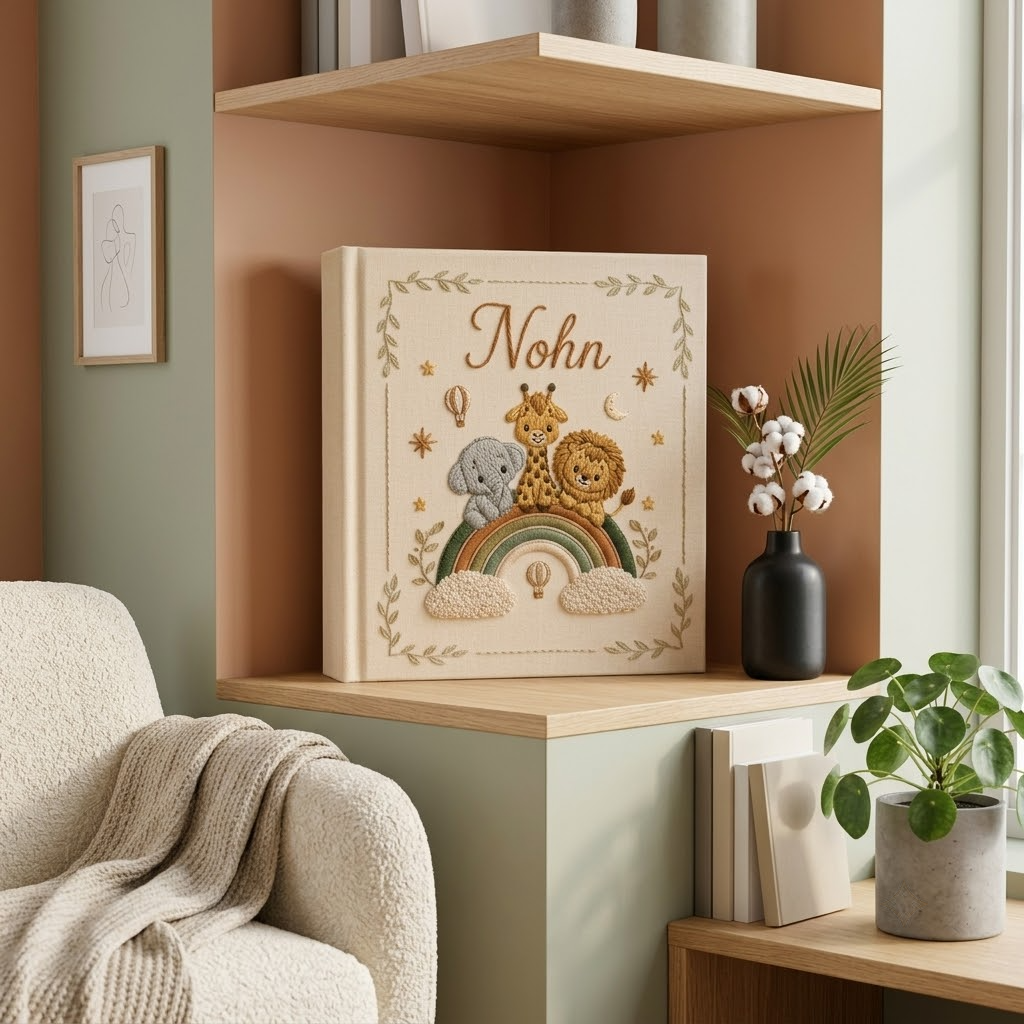 Personalized Baby Photo Album, Embroidered Hot Air Balloon Safari Keepsake Book