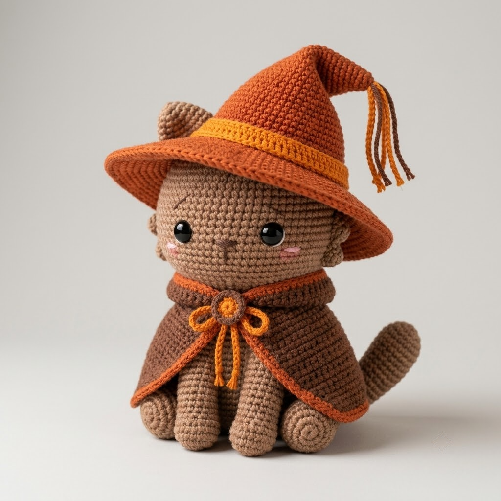 Cute Witch Cat Crochet Doll, Halloween Amigurumi Plush Gift With Orange Hat