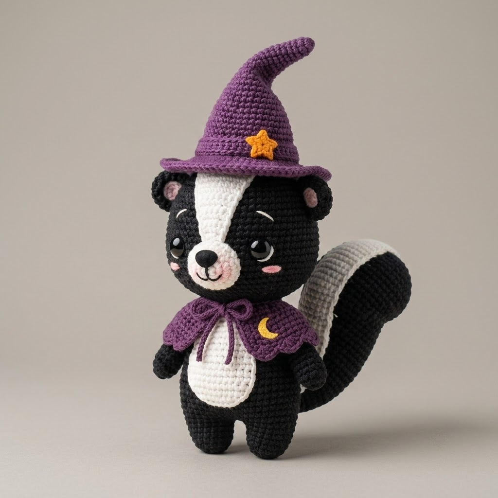 Cute Witch Skunk Crochet Doll, Handmade Amigurumi Halloween Plush Gift