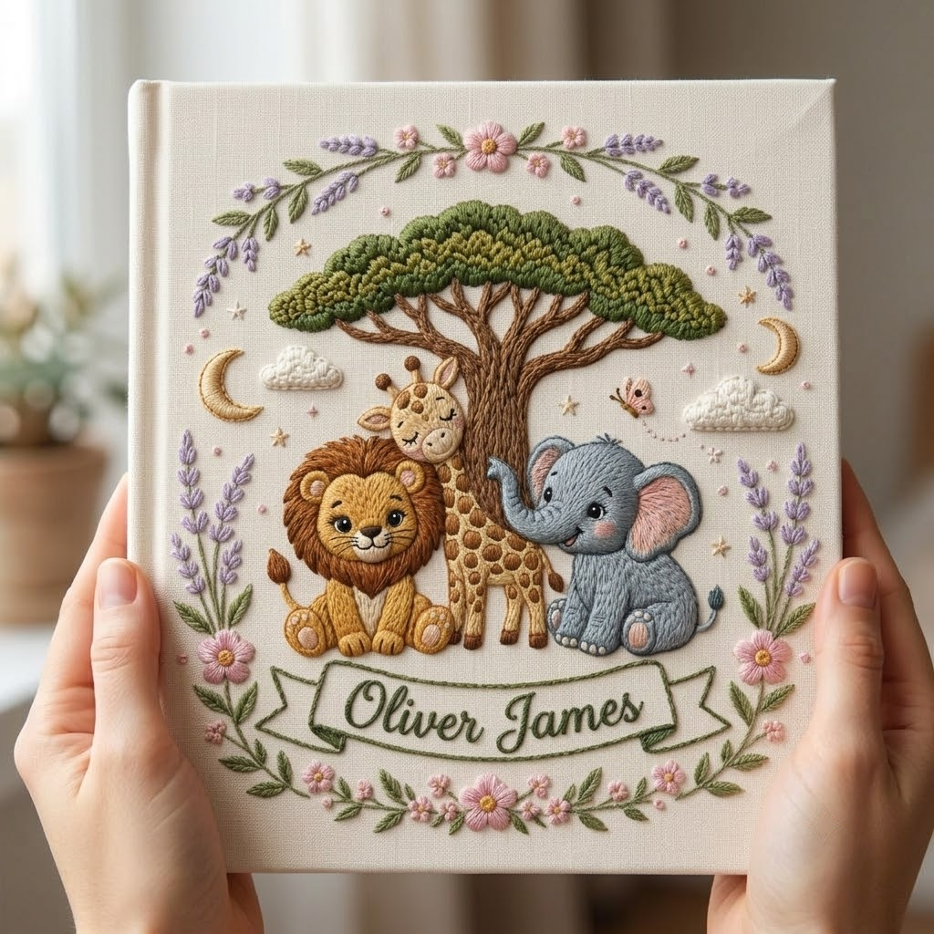 Personalized Baby Photo Album, Hand Embroidered Safari Baby Memory Book