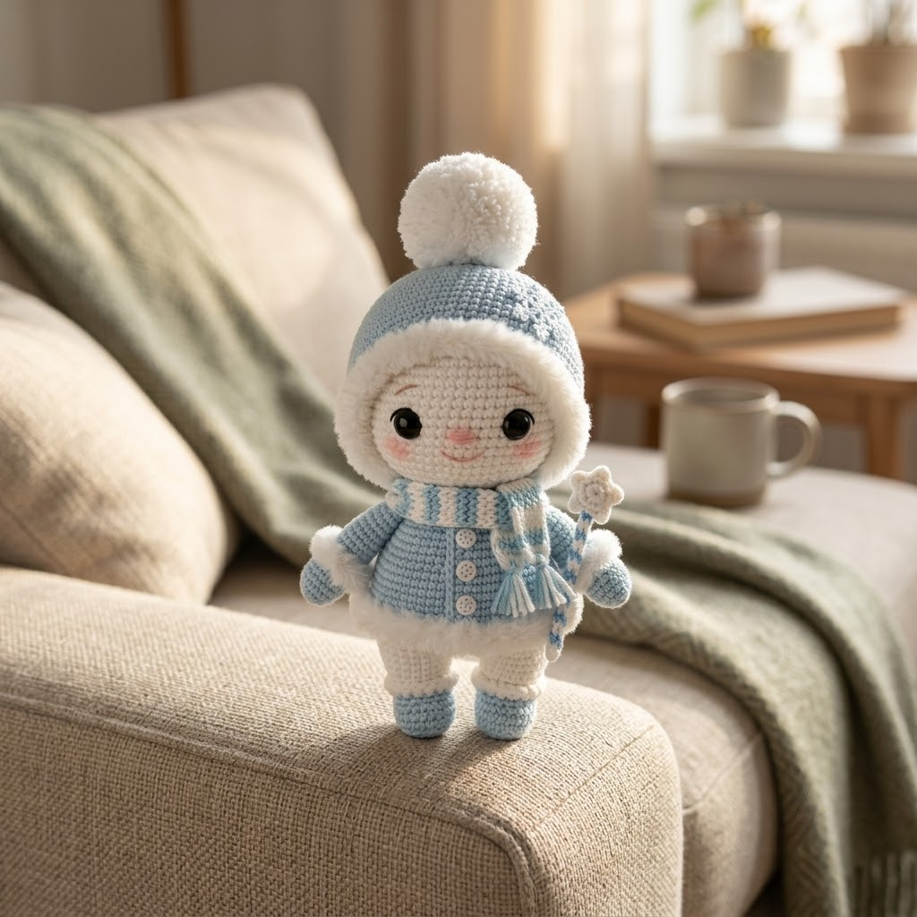Cute Crochet Snowball Doll, Winter Plushie Toy, Cozy Kawaii Decor