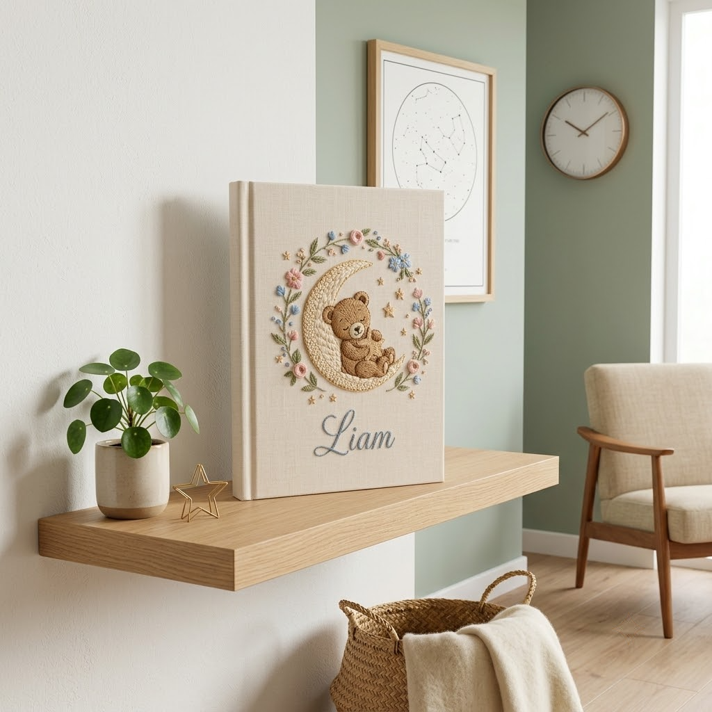 Personalized Baby Photo Album, Hand Embroidered Linen Memory Book With Sleeves