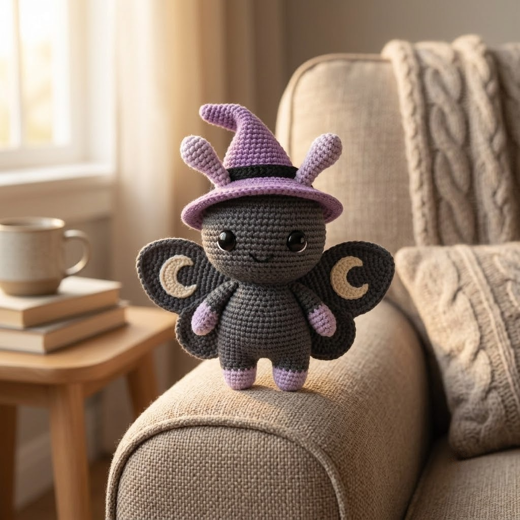 Witch Moth Crochet Doll, Handmade Amigurumi Plush, Halloween Gift With Purple Hat